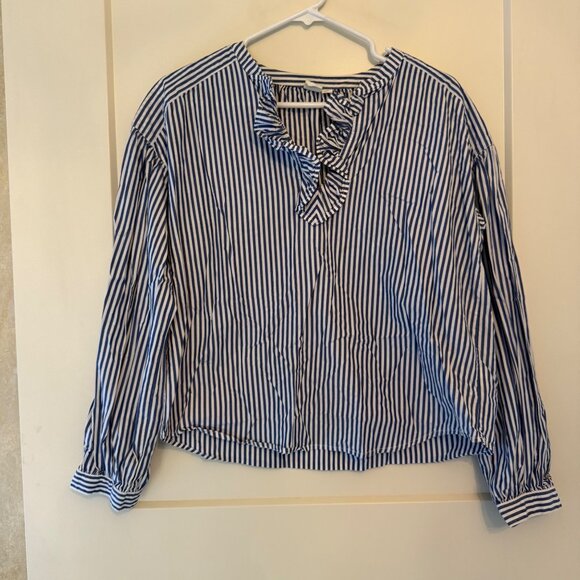 Gap Womens Blue & White Striped Long Sleeve Blouse S 100% Cotton Ruffle Neckline - Picture 10 of 10